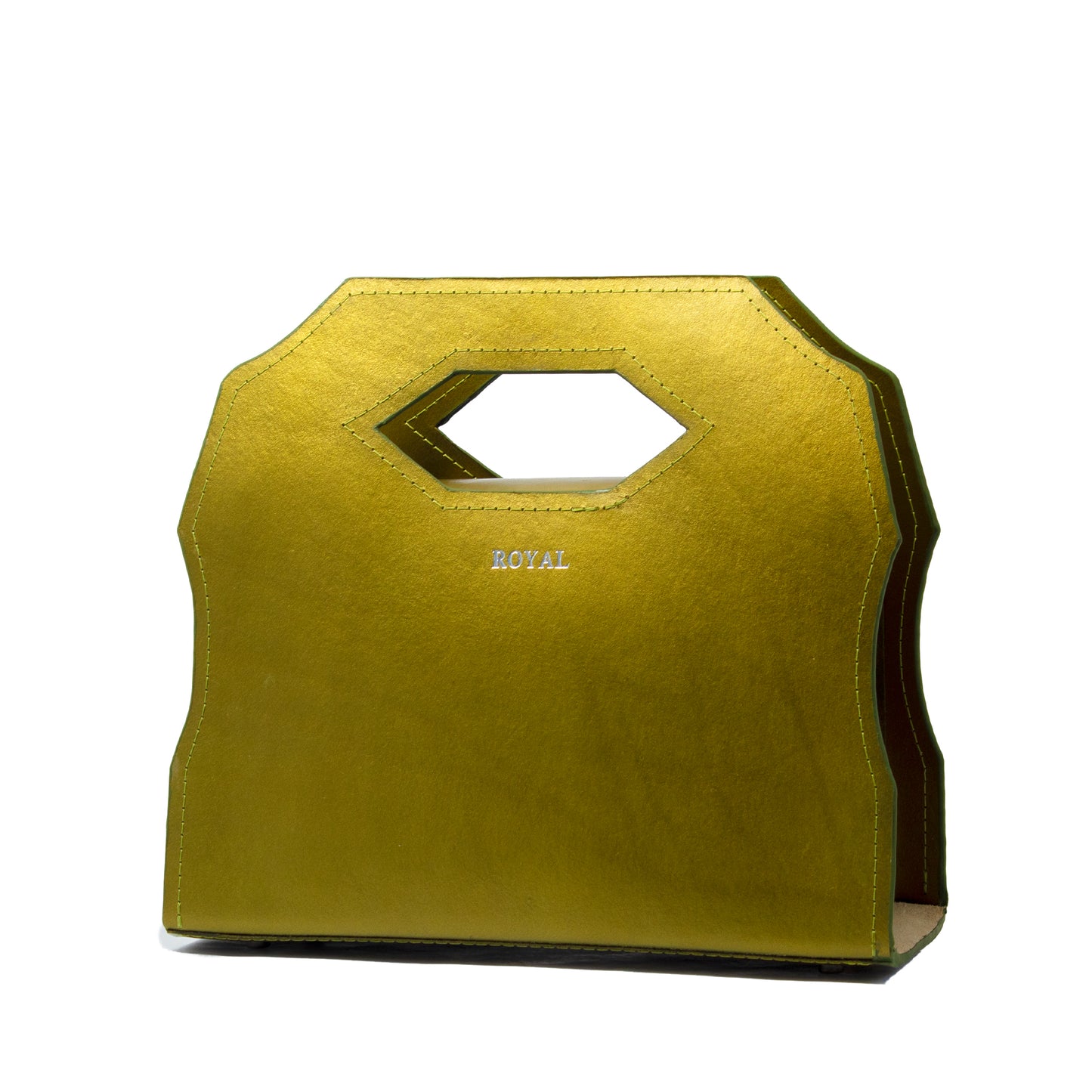 Meek hand‑painted full‑grain leather satchel in olive green metallic with a minimalist, custom‑made silhouette. 