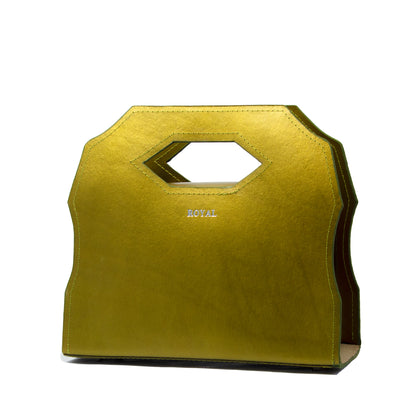 Meek hand‑painted full‑grain leather satchel in olive green metallic with a minimalist, custom‑made silhouette. 