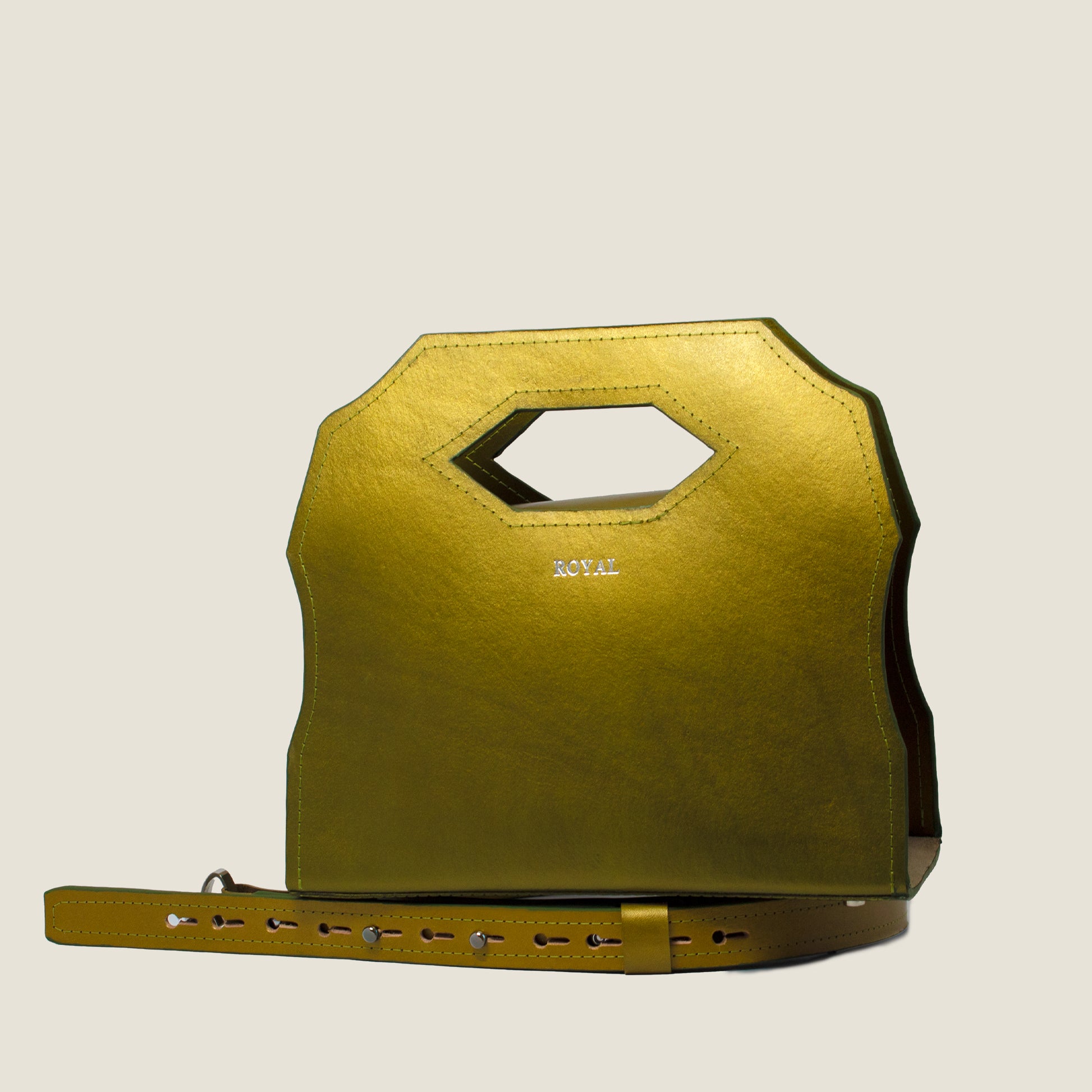 Signature Meek handcrafted leather satchel in olive green metallic with a clean, structured form in a custom‑made design.  