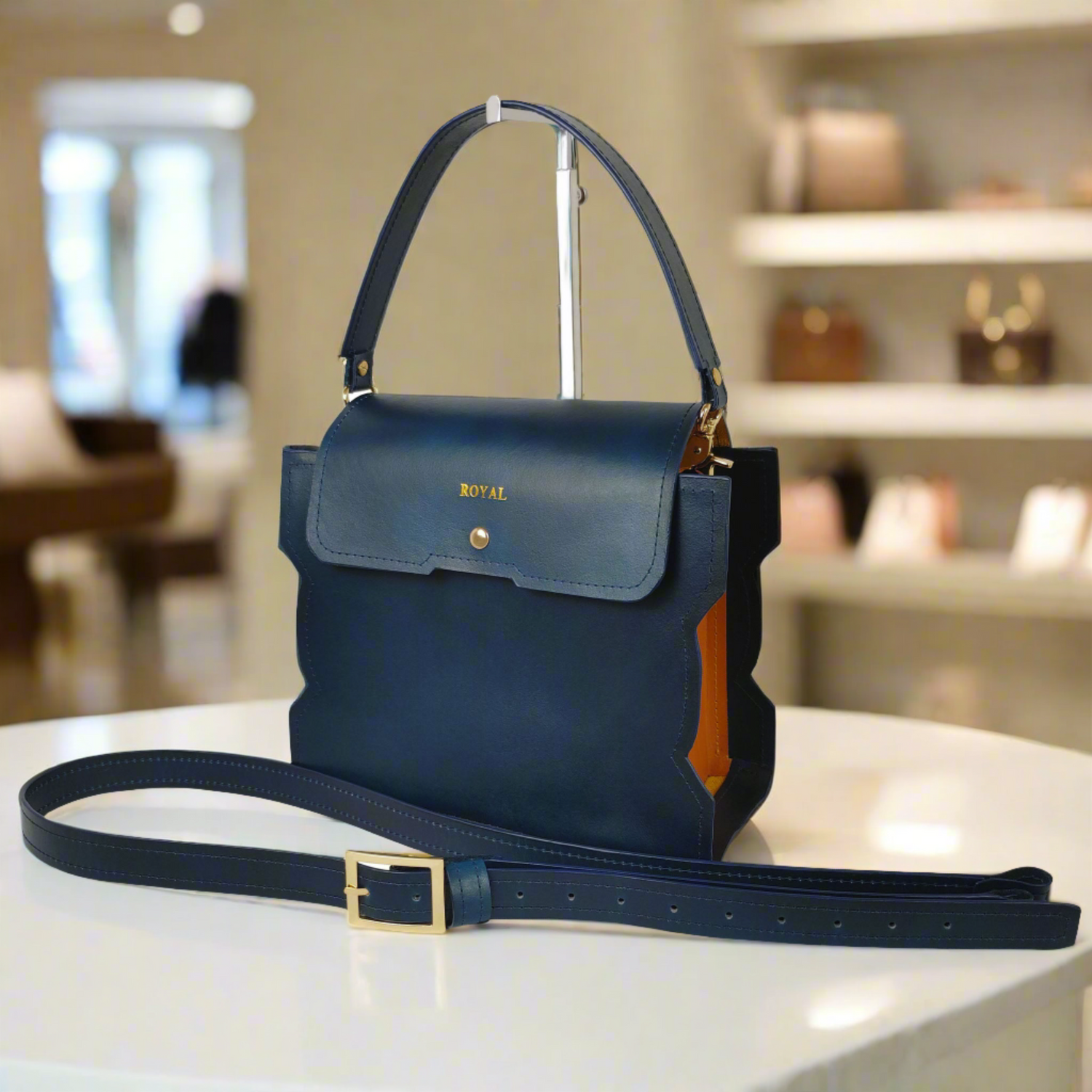 Hand painted leather shoulder bag with adjustable strap